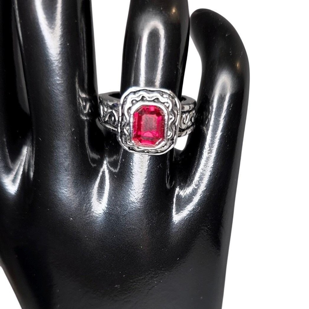Vintage 18K GE A Red Emerald Cut Stone Silver‎ Tone Ring Size 7